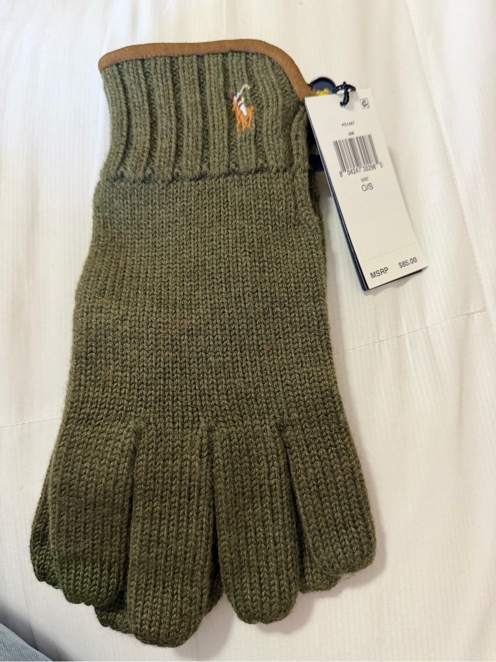 Polo Ralph Lauren Olive Knit Wool Gloves with Brown Suede Trim OS